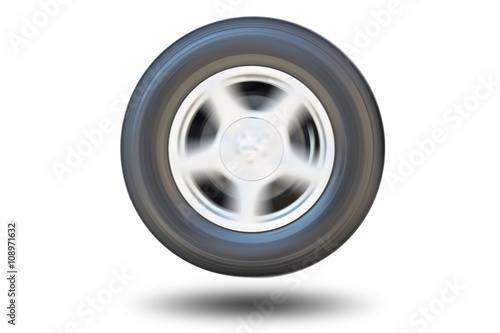 Car wheel spinning isolated on white background.