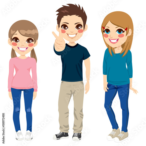 Casual Teenagers PosingFull body illustration of three happy young teenagers smiling with casual clothes posing together