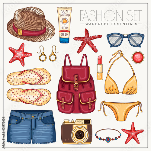 Summer hipster fashion set of beach clothes and accessories