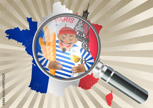 Magnifying glass over a France map. French man in red beret with a glass of wine and baguettes on the background of the Eiffel Tower. Flag of France. Concept of stereotypes about France.