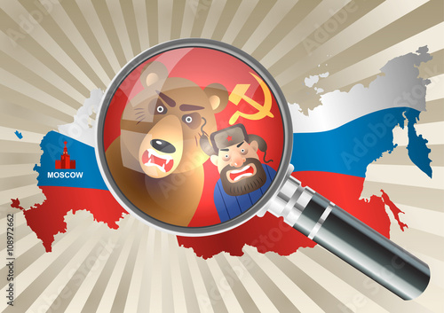 Magnifying glass over a Russia map. Russian in a fur hat and bear on a red Soviet flag. Flag of Russia. Concept of stereotypes about Russia. 