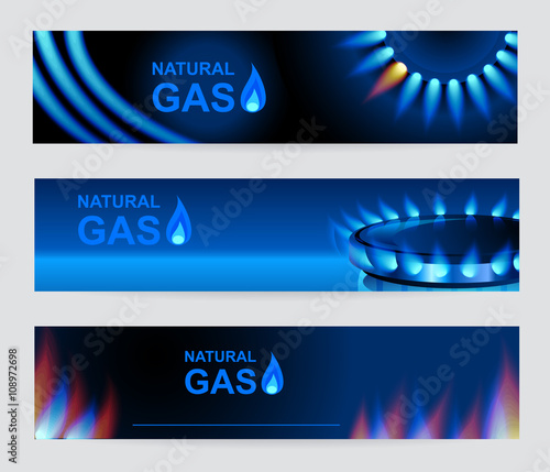 Set of three banners natural gas. Blue gas flame. Vector EPS 10.