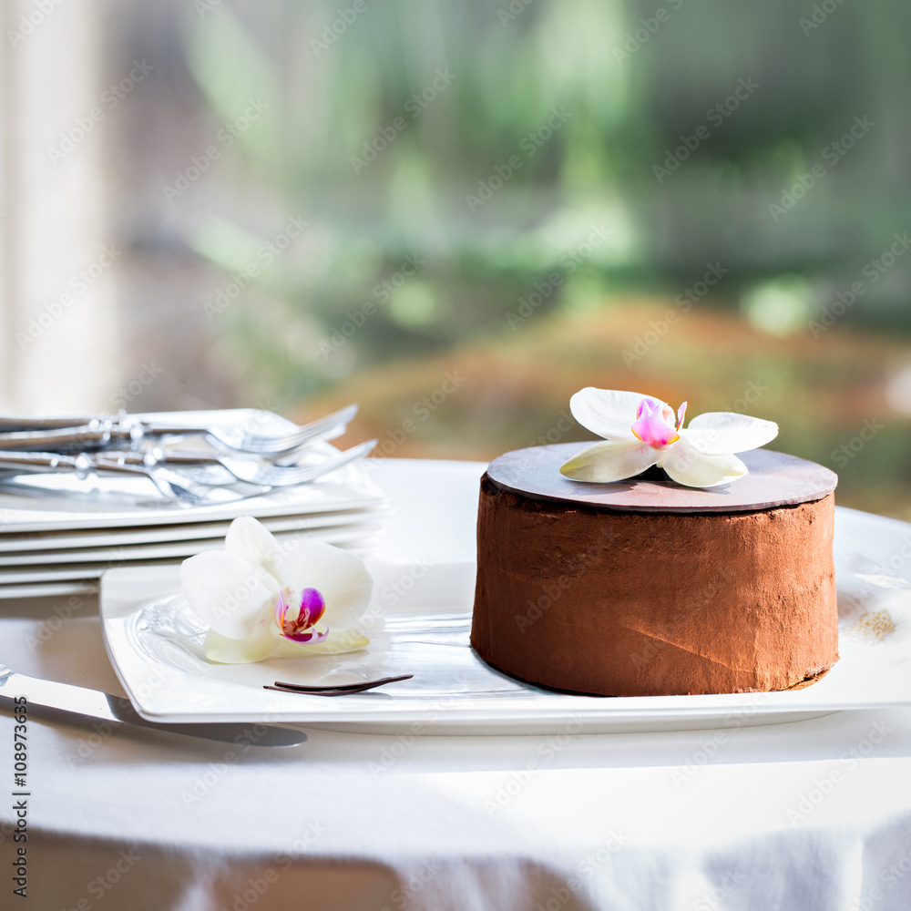Delicious chocolate cake on white table Delicious chocolate cake on white table