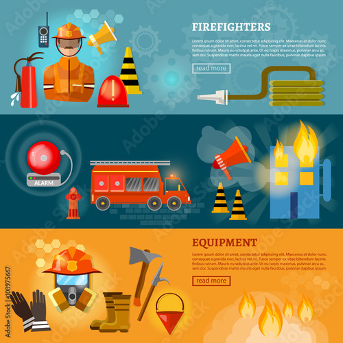 Professional firefighters banners equipment fireman fire safety