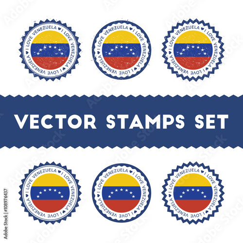 I Love Venezuela, Bolivarian Republic of vector stamps set. Retro patriotic country flag badges. National flags vintage round signs.