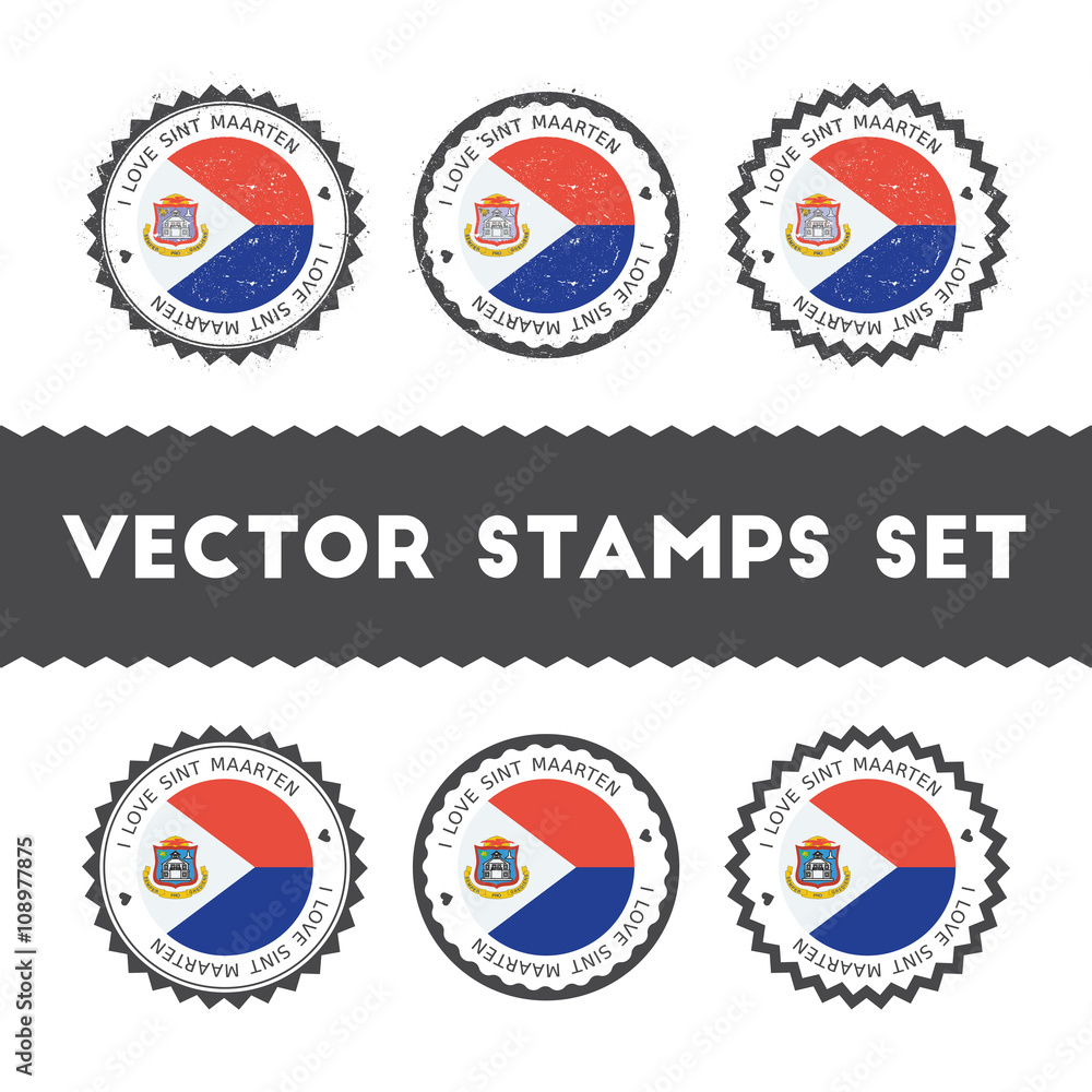 I Love Sint Maarten vector stamps set. Retro patriotic country flag badges. National flags vintage round signs. I Love Sint Maarten vector stamps set. Retro patriotic country flag badges. National flags vintage round signs.