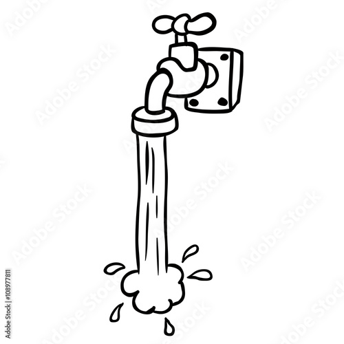 black and white freehand drawn cartoon running faucet