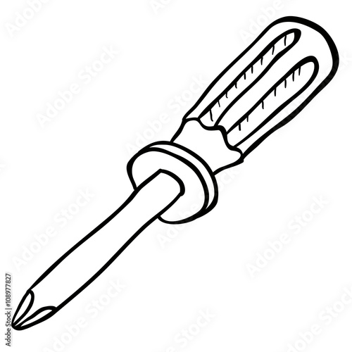 black and white freehand drawn cartoon screwdriver