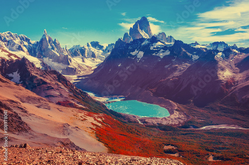 Amazing landscape with Fitz Roy and Cerro Torre mountains.