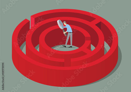 Escape Room Game Concept. Man With Magnifying Glass Finding The Solution of The Maze.