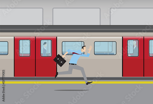 Man running to catch subway train.