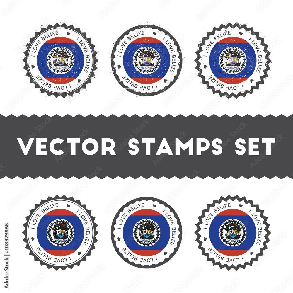 I Love Belize vector stamps set. Retro patriotic country flag badges. National flags vintage round signs.