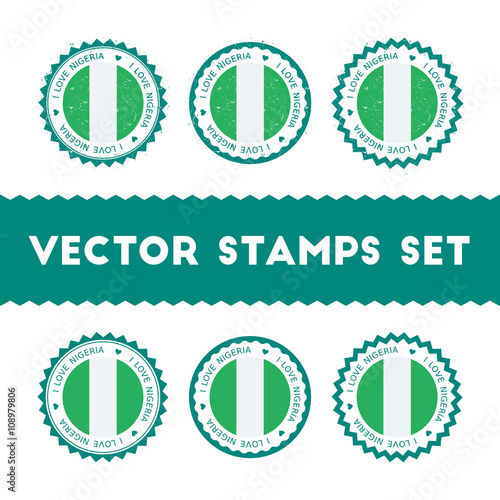 I Love Nigeria vector stamps set. Retro patriotic country flag badges. National flags vintage round signs.