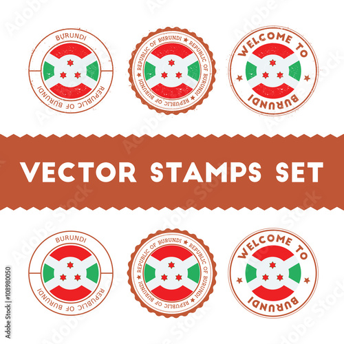 Burundian flag rubber stamps set. National flags grunge stamps. Country round badges collection.