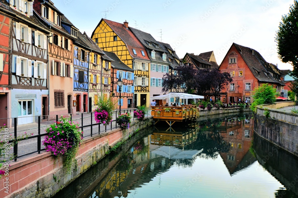 Evening view of the beautiful canals of Colmar, Alsace, France