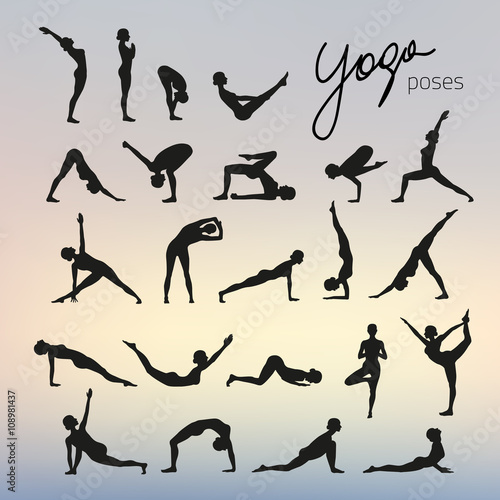 Fototapeta Set of yoga poses silhouettes on blurred background