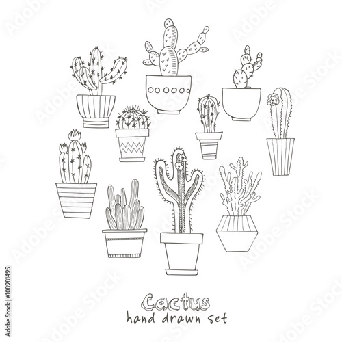 Hand drawn Set of Cactus in the pots.