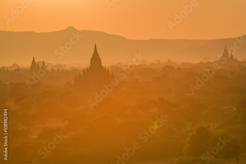 group of ancient pagodas at the scenic sunrise at bagan myanmar