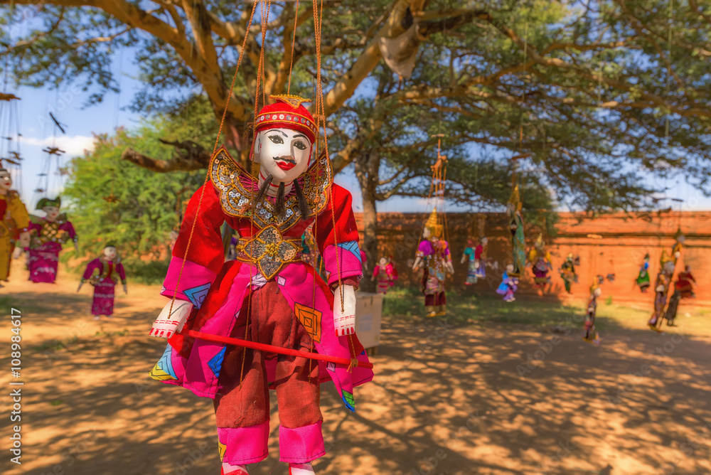 Traditional handicraft puppets are sold in a market in Bagan, Myanmar