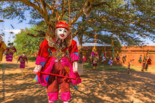 Traditional handicraft puppets are sold in a market in Bagan  Myanmar
