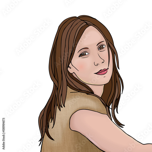 Portrait of beautiful brunette girl with long hair. Wearing beige dress. Vector illustration isolated on white background.