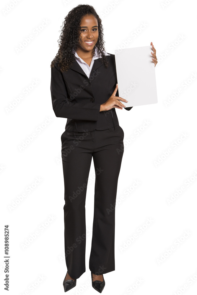 Happy African American business woman holding placard Happy African American business woman holding placard