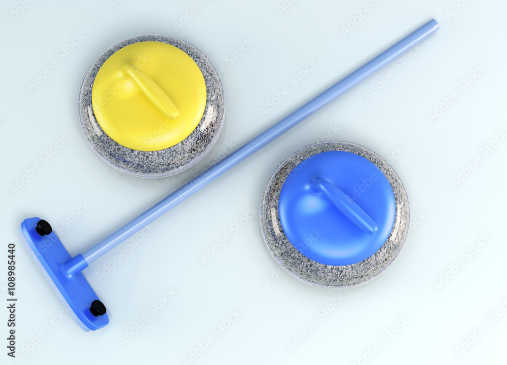 Top view of the curling stones and brush the ice. 3d rendering. Top view of the curling stones and brush the ice. 3d rendering.
