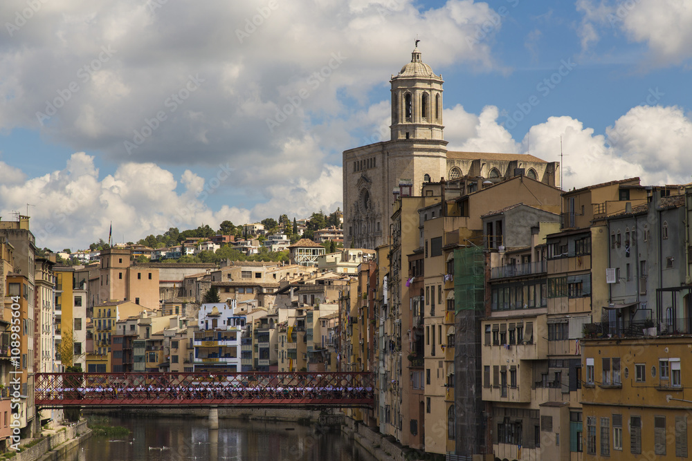 Skyline of Girona's cathedral and river houses
