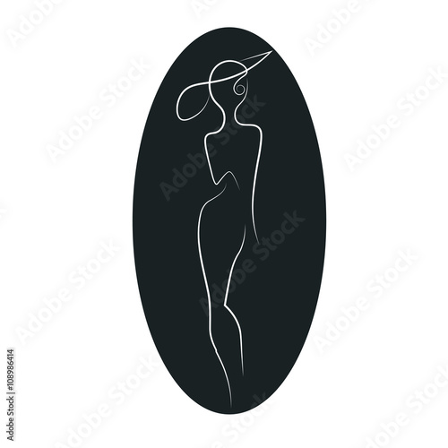 Vector silhouette of beautiful curly woman in a vintage hat.