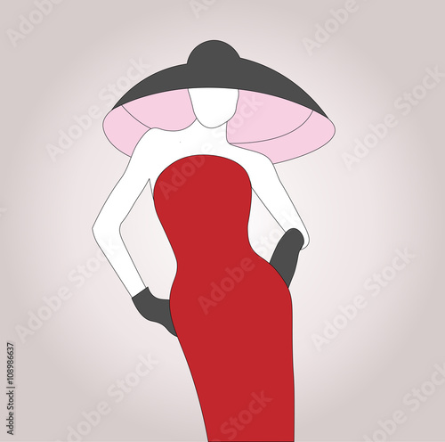 Vector silhouette of beautiful curly woman in a vintage hat.