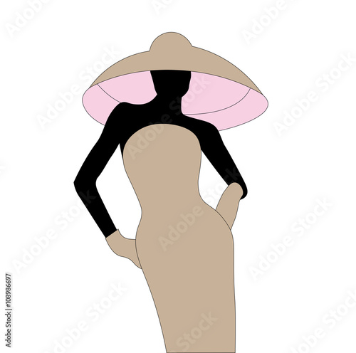 Vector silhouette of beautiful curly woman in a vintage hat.