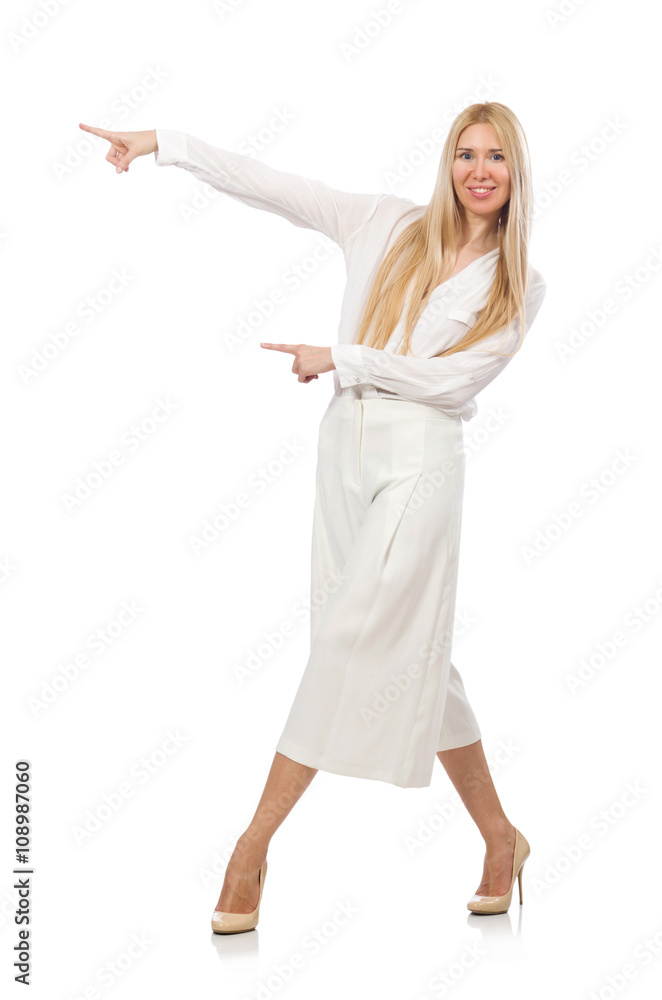 Blond hair model in elegant flared pants isolated on white Blond hair model in elegant flared pants isolated on white