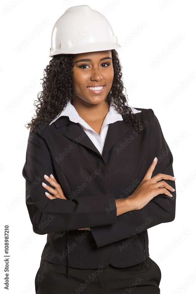 Portrait of happy smiling female customer support computer opera