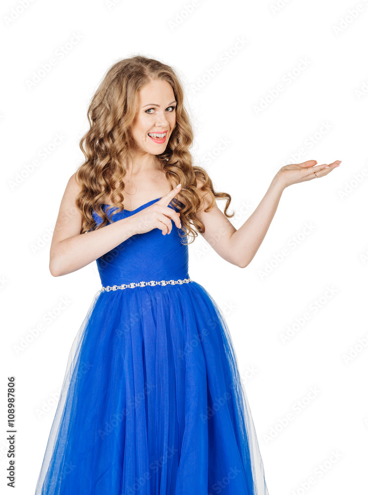 Blonde show girl showing copy space for product or advertising text Blonde show girl showing copy space for product or advertising text