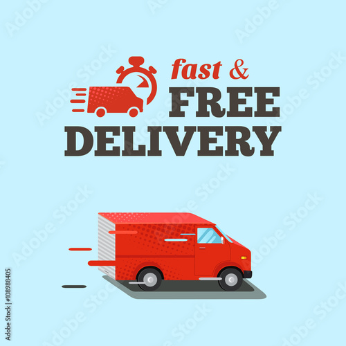 Fast delivery illustration. Typographic inscription of fast free delivery. Isometric red van