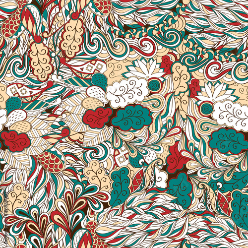 Seamless mehndi tracery design. Paisley, winding stem, spiral, wave, bud mehndi doodle. Handmade natural mood texture. Curved lines, doodling design. Good for site background.