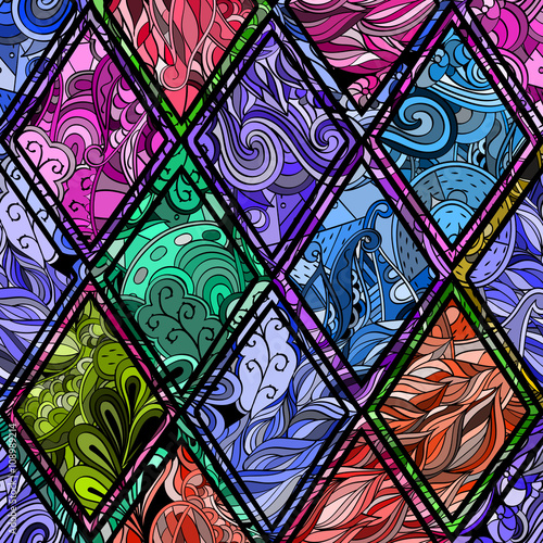 Tracery loops, doodle wind pattern in the style of stained glass. Mehendi paisley, stem, spiral, wave, bud mehndi design. Handmade doodling design. For site background, printing. Vector.