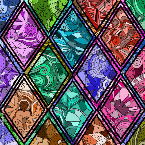 Tracery loops, doodle wind pattern in the style of stained glass. Mehendi paisley, stem, spiral, wave, bud mehndi design. Handmade doodling design. For site background, printing. Vector.