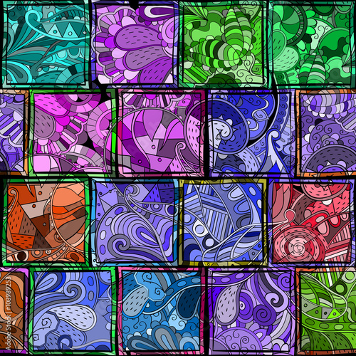Tracery loops, doodle wind pattern in the style of stained glass. Mehendi paisley, stem, spiral, wave, bud mehndi design. Handmade doodling design. For site background, printing. Vector.