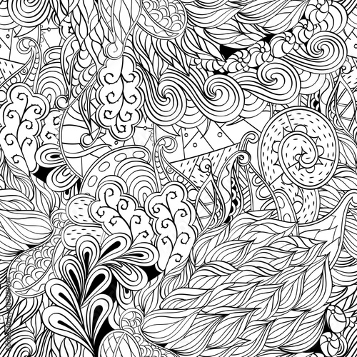 Tracery seamless, loops, doodle wind pattern. Paisley, winding stem, spiral, wave, bud mehndi design. Handmade texture, curved, black and white. Good for site background, textile, printing. Vector.