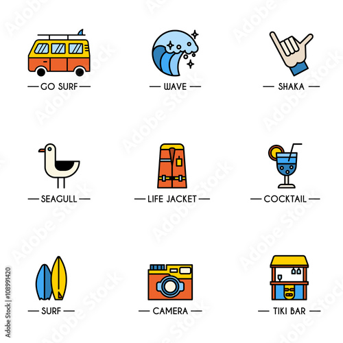 Line style logotype template with summer and beach elements -bus, wave, bar. Travel and vacation concept. Isolated on background.