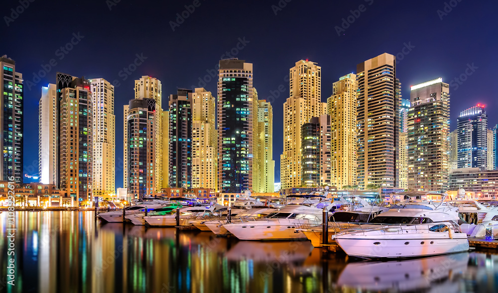 Naklejka premium Colorfull night dubai marina skyline, Dubai, United Arab Emirates
