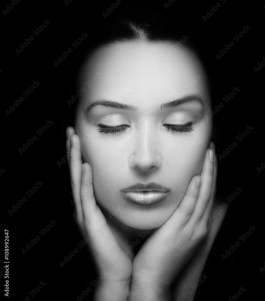 Beauty Dark Portrait. Face and Hands of Beautiful Woman Beauty Dark Portrait. Face and Hands of Beautiful Woman