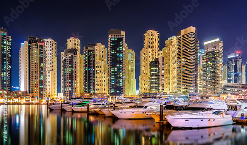 Colorfull night dubai marina skyline, Dubai, United Arab Emirates