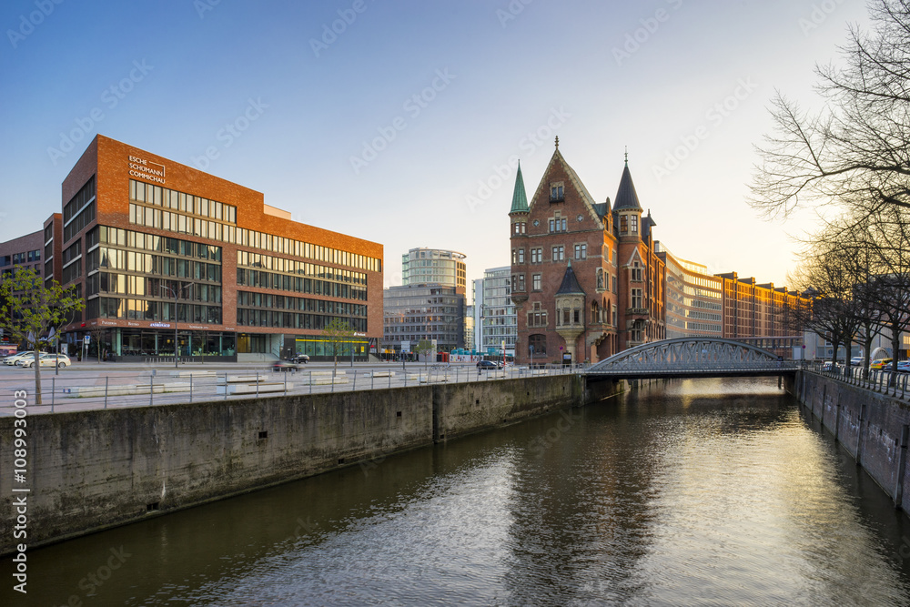 The old Speicherstadt in Hamburg, Germany, at evening.