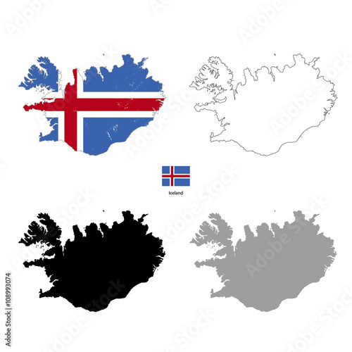 Iceland country black silhouette and with flag on background
