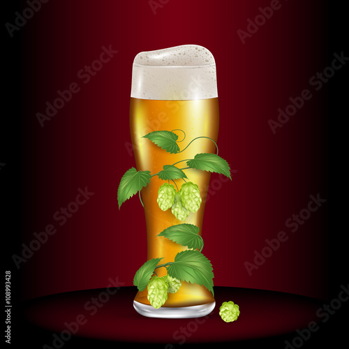 Glass of light beer wrapped hops. Realistic vector illustration