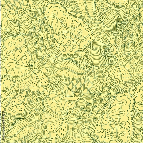 Seamless hina mehndi tracery design. Paisley, winding stem, spiral, wave, bud mehndi doodle. Handmade natural mood texture. Curved lines, doodling design.