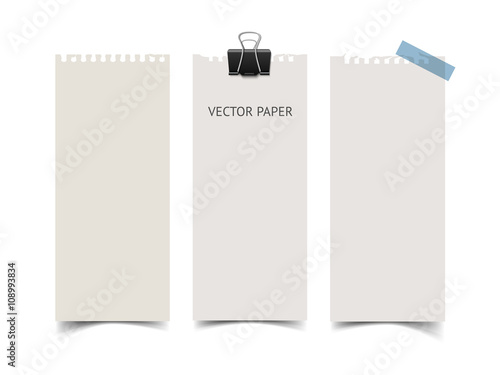 Set of vertical paper card banners. Realistic vector notepaper wit torn edges