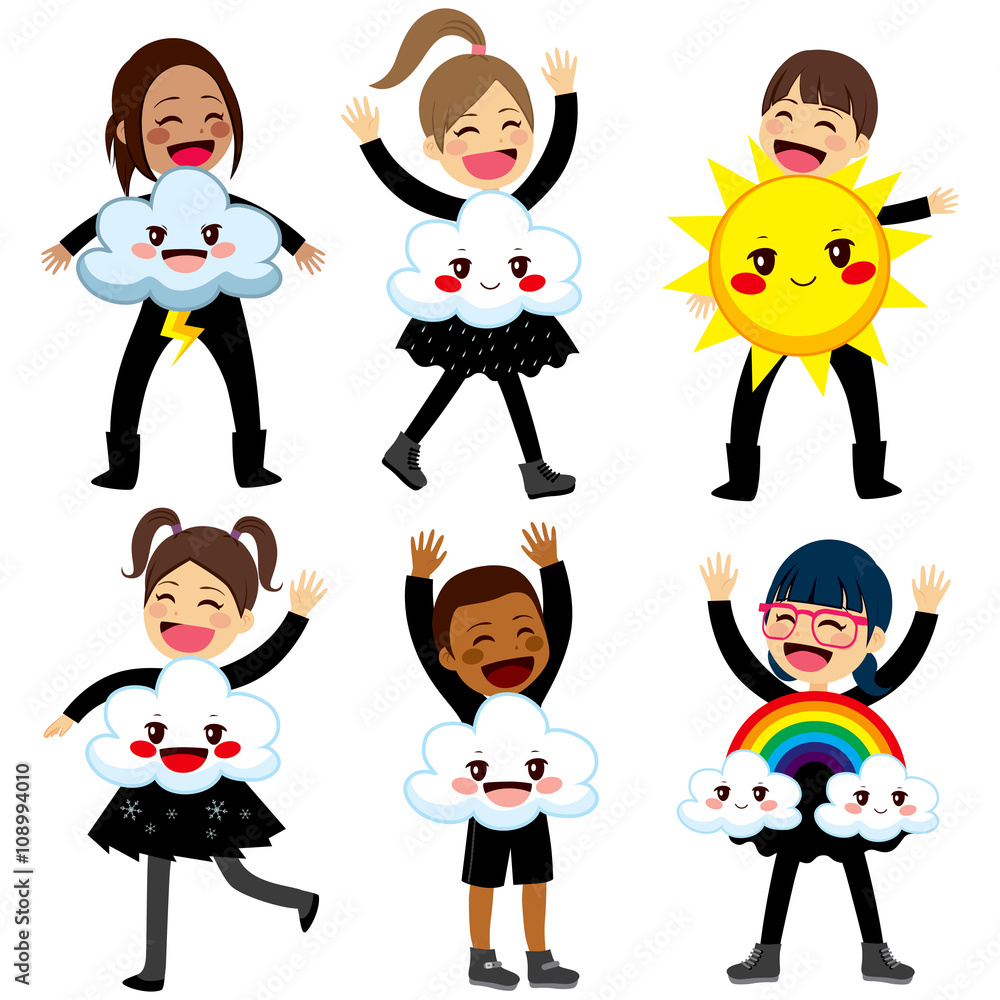 Six cute happy little children wearing weather element costumes Six cute happy little children wearing weather element costumes